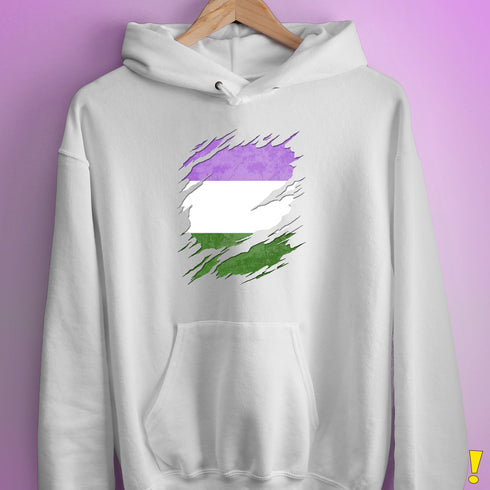 Genderqueer Pride Flag Ripped Reveal Hoodie - White